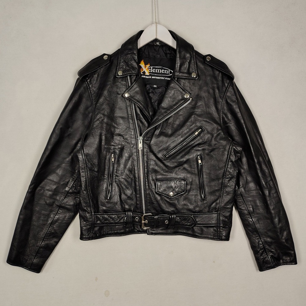 Xelement Mens Black Genuine Leather Biker Motorcycle Jacket Size 44 Belted Moto